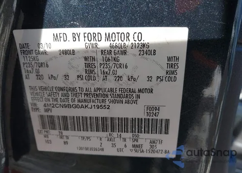 2010 Mercury Mariner z USA, uszkodzony, nr VIN 4M2CN9BG0AKJ19552